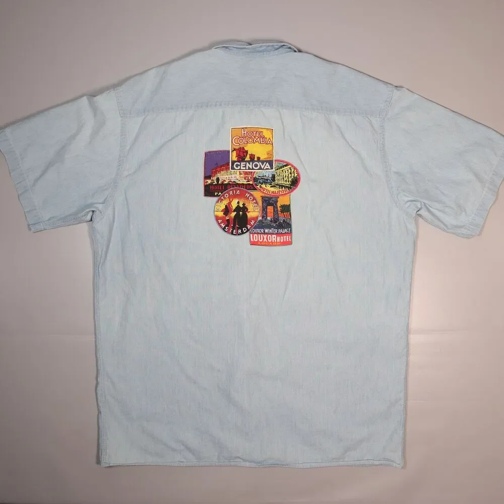 Vintage Banana Republic Safari Travel Chambray Back Patch Shirt Mens Large